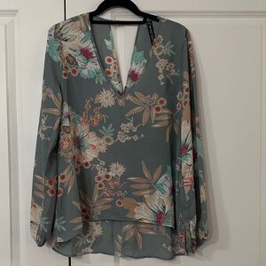 Floral Split-Neck Long Sleeve Blouse - Sage Green
